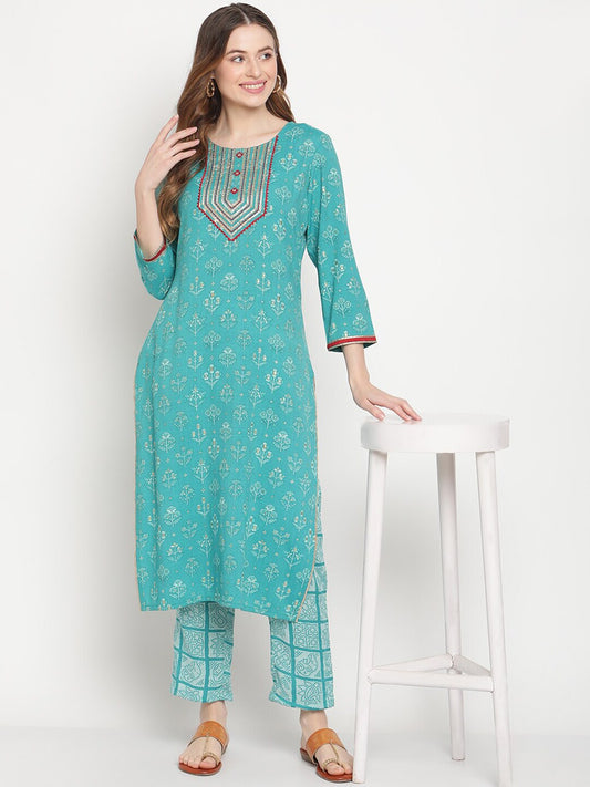 Be Indi Women Turquoise Blue Ethnic Motifs Gotta Patti Kurta With Trousers