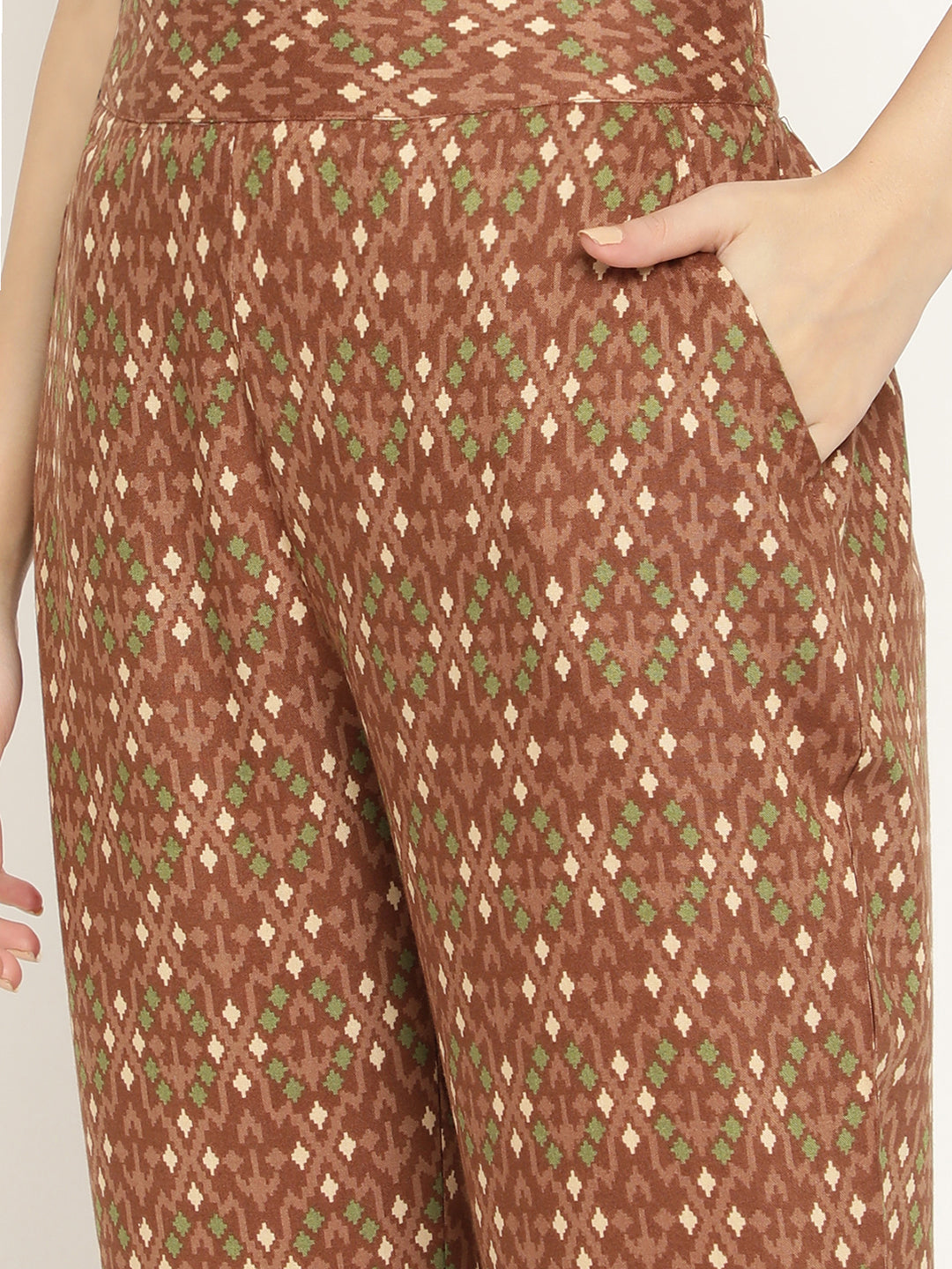 BeIndi Women's Brown Printed, Embroidered Yoke Design Kurta With Printed Pant
