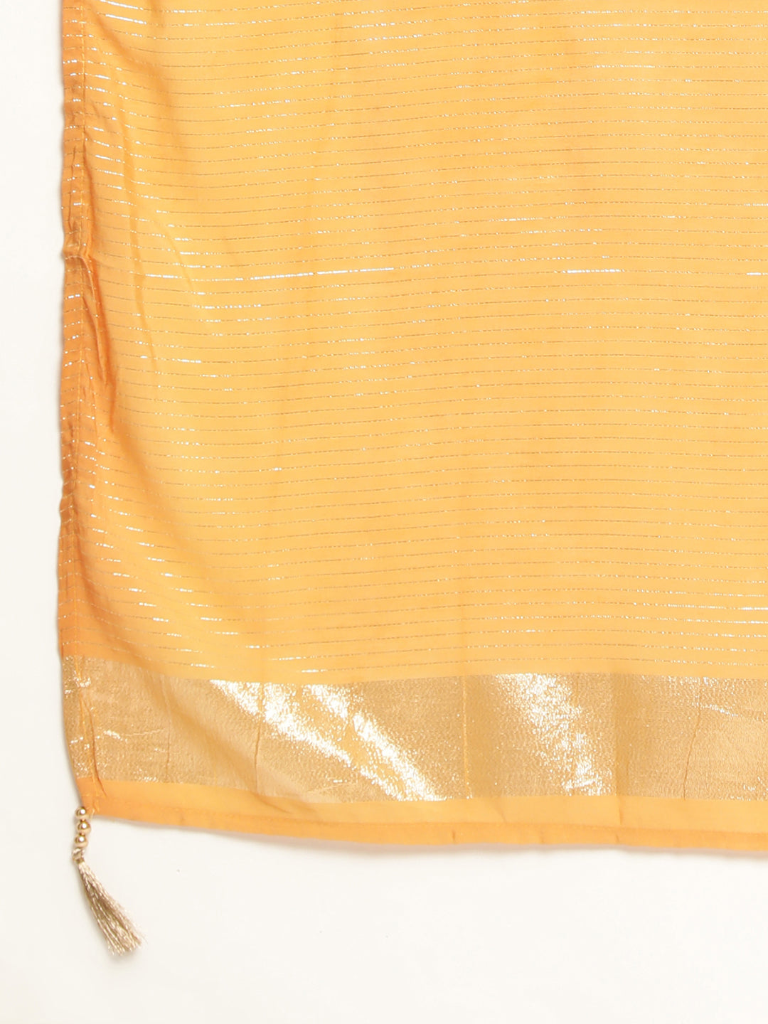 BeIndi Women's Mustard V-Neck Lurex Kurta With Fancy Lace Pant And Jacquard Dupatta With Tassels