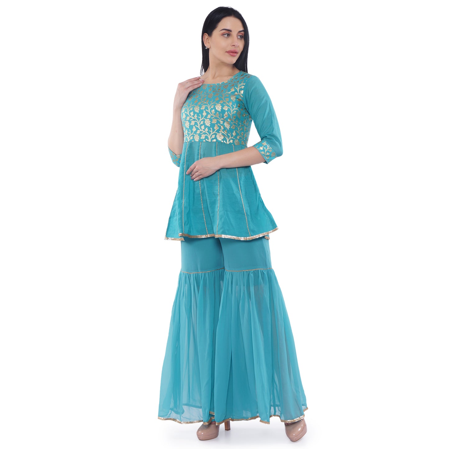 Be Indi Women Turquoise Blue Embroidered Kurti with Sharara