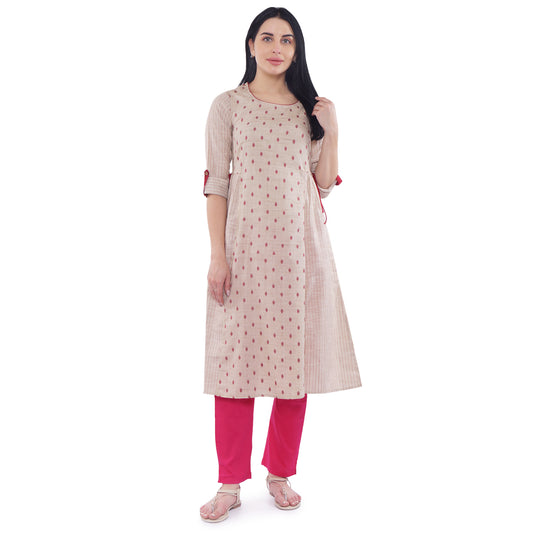 Be Indi Women Cream-Coloured & Maroon Woven Design Straight Kurta