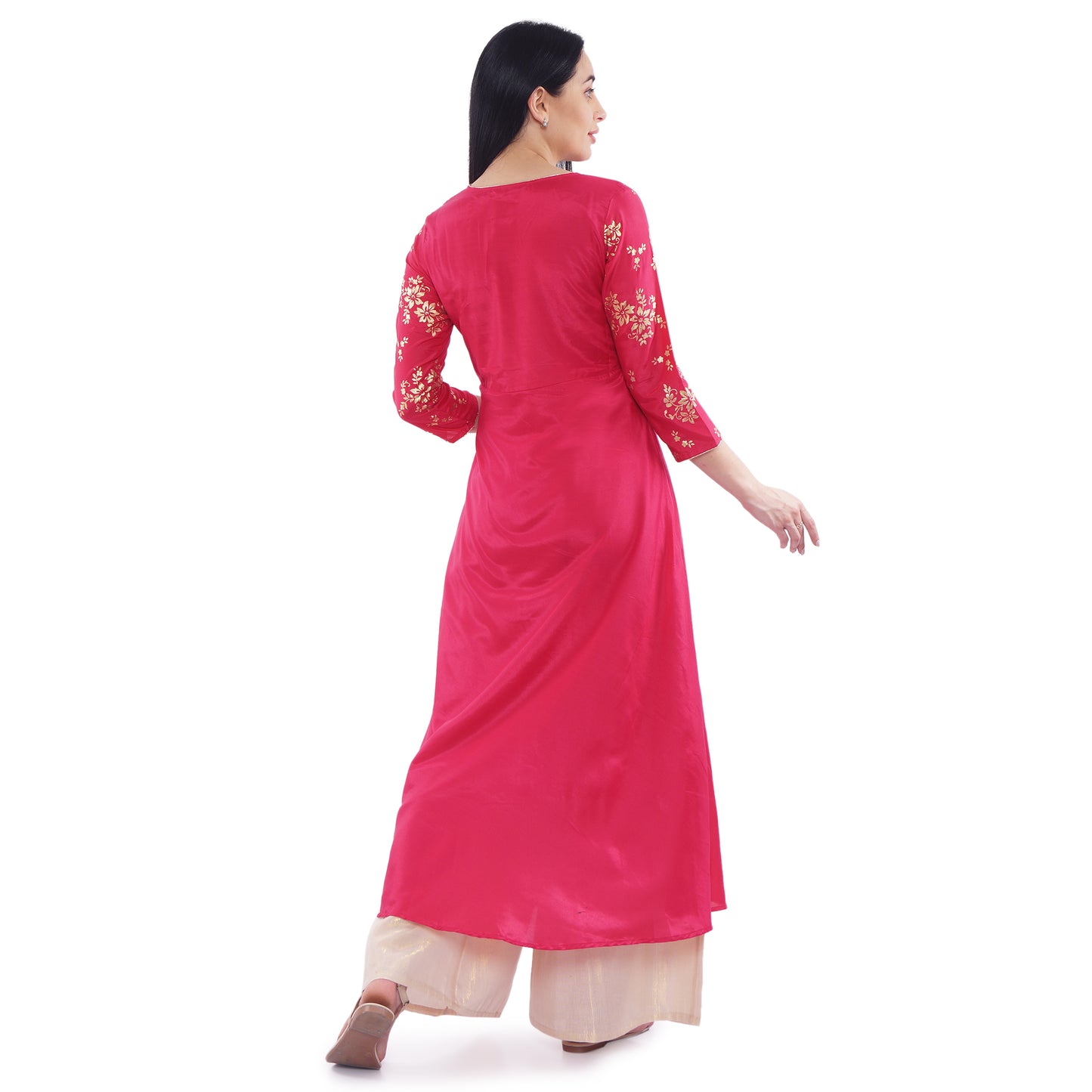 Be Indi Women Pink Foil Printed Angrakha Dress