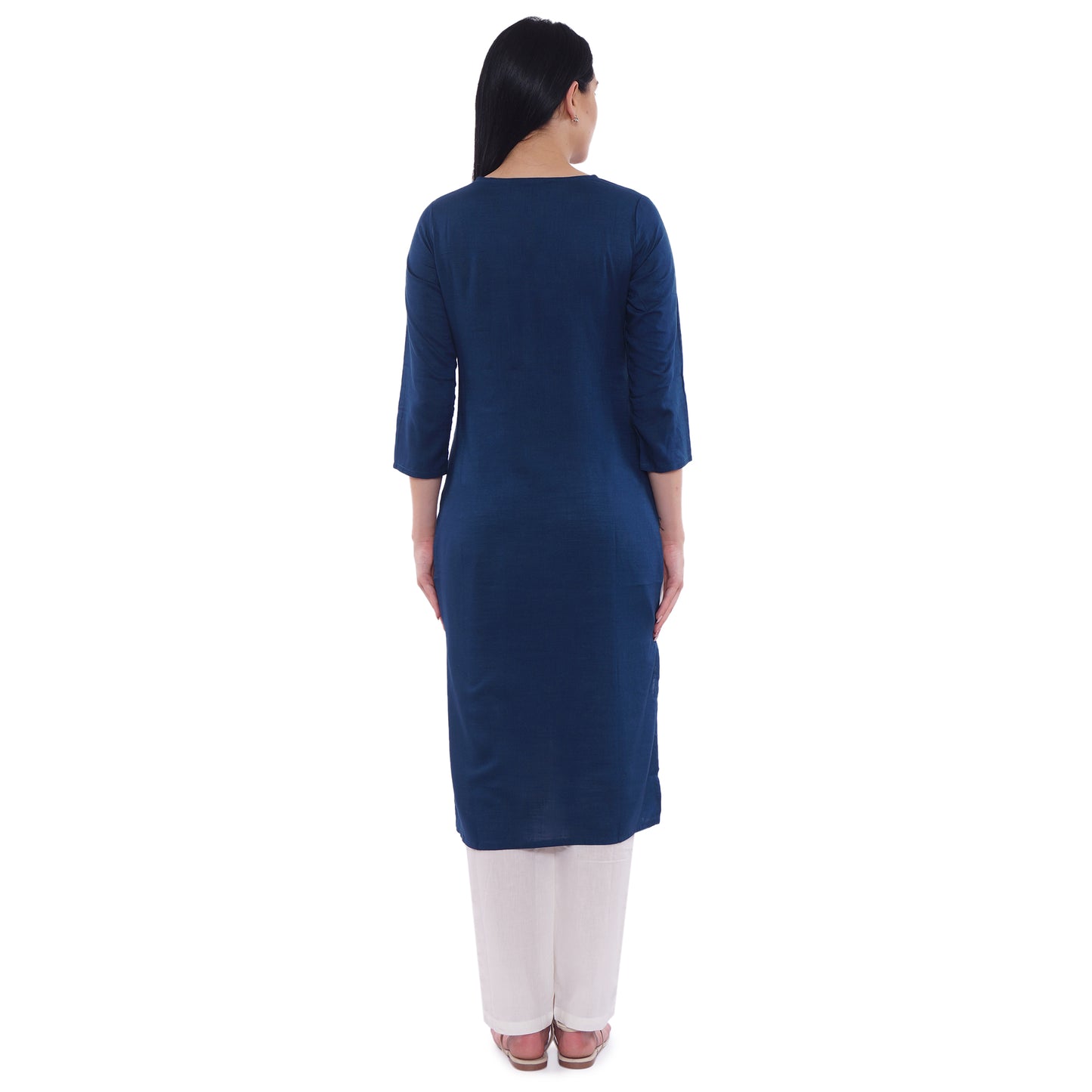 Be Indi Women Navy Blue Embroidered Straight Kurta with Sequence Work