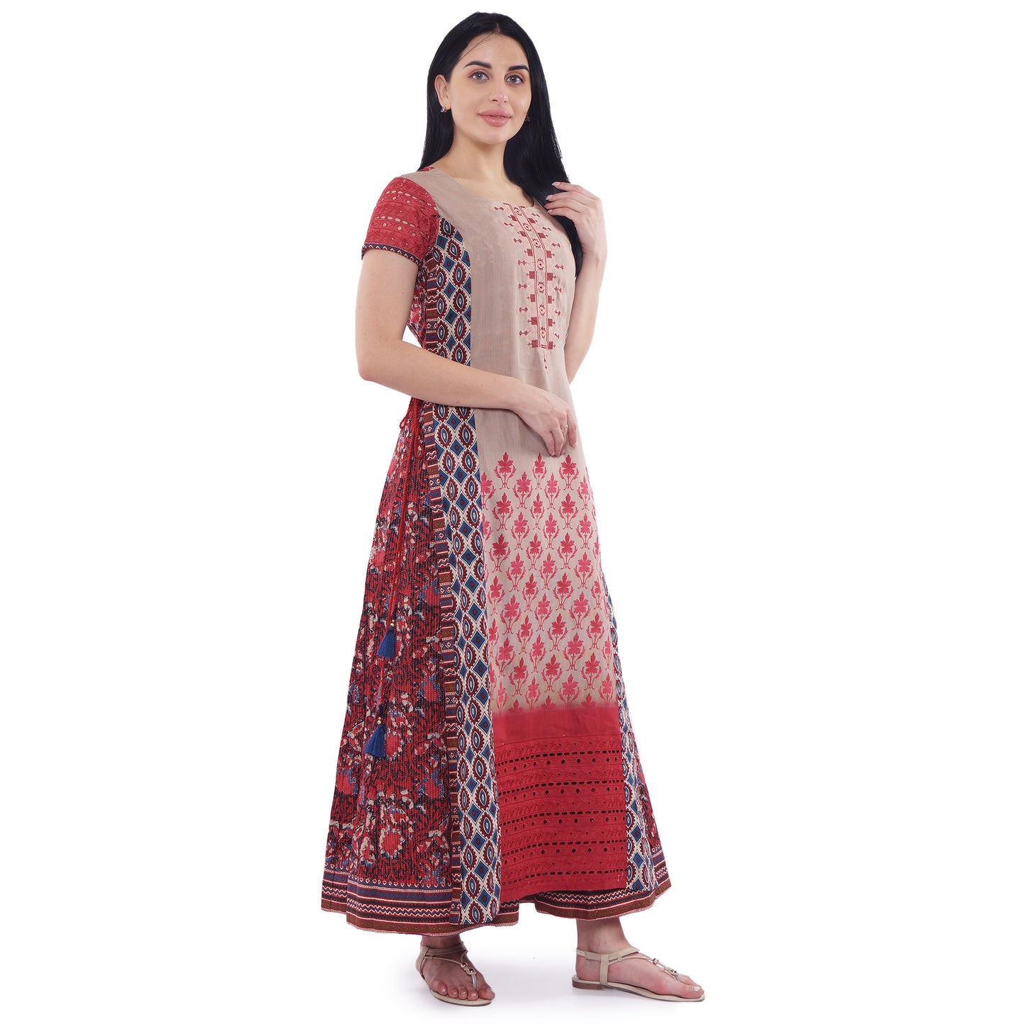 Be Indi Women Red Layered Printed Maxi Dress