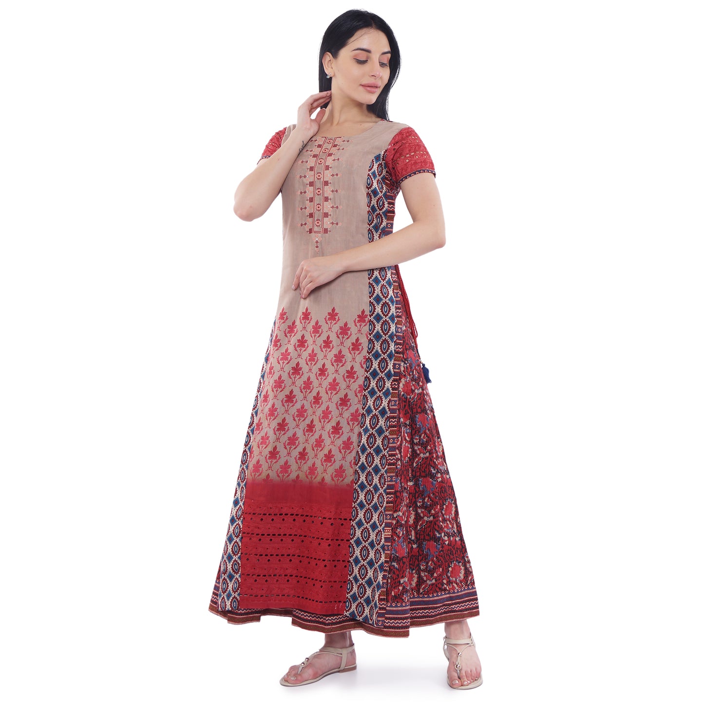 Be Indi Women Red Layered Printed Maxi Dress