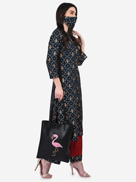 Be Indi Women Green Printed Regular Pure Cotton Kurta with Trousers