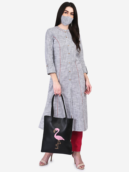 Be Indi Women White & Black Striped Panelled Kurta