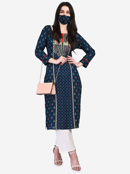 Be Indi Women Turquoise Blue Ethnic Motifs Printed Kurta