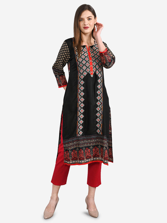 Be Indi Women Black Ethnic Motifs Printed Thread Work Kurta