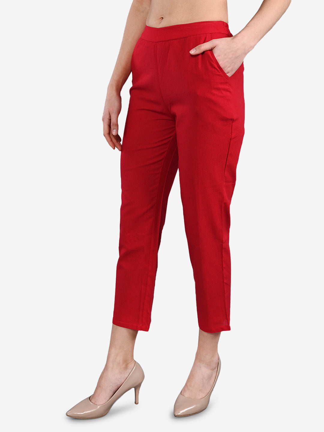 Be Indi Women Maroon Straight Fit Solid Cigarette Trousers