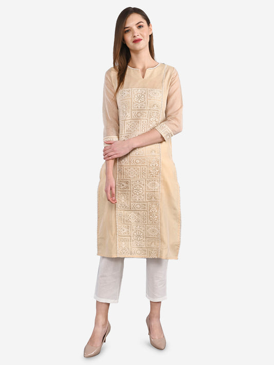Be Indi Women Beige Embroidered Straight Kurta