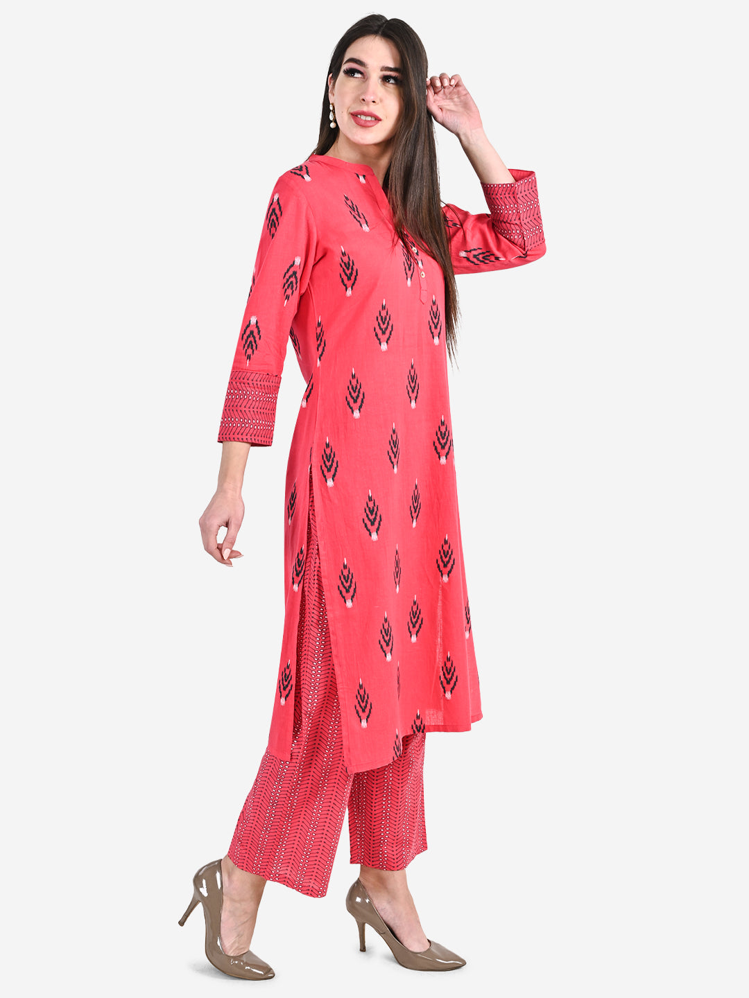 Be Indi Women Fuchsia Pink Printed Regular Pure Cotton Kurta with Trousers