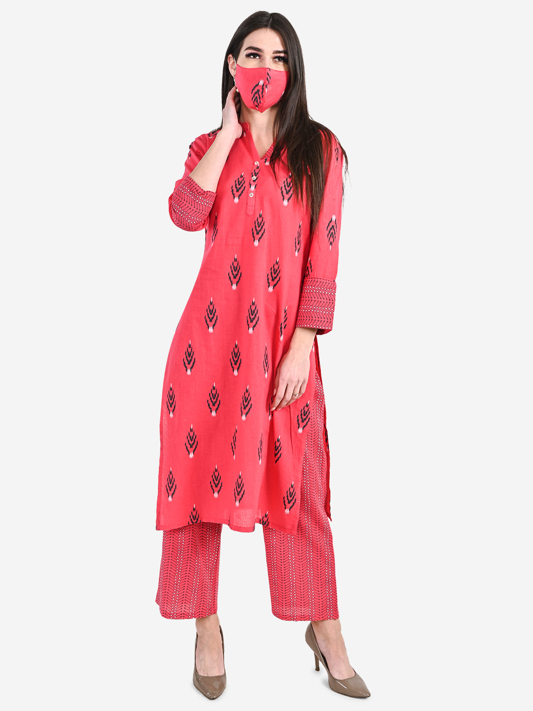 Be Indi Women Fuchsia Pink Printed Regular Pure Cotton Kurta with Trousers