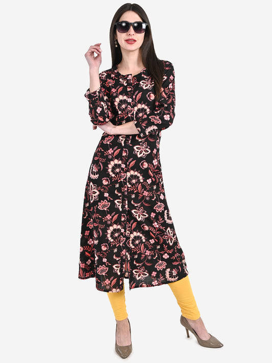 Be Indi Women Black & Pink Floral Printed Kurta