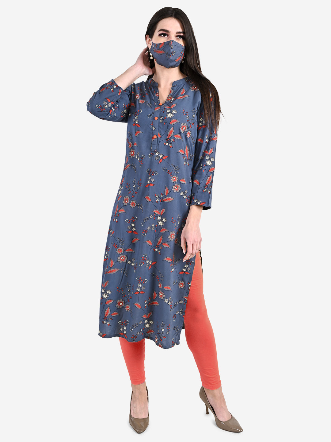 Be Indi Women Navy Blue Ethnic Motifs Embroidered Kurta