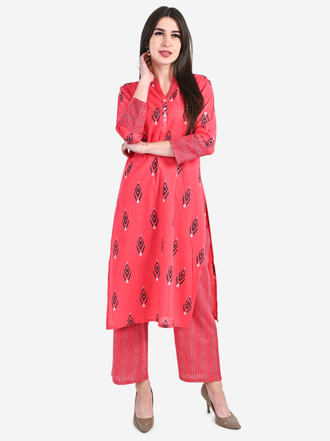 Be Indi Women Fuchsia Pink Printed Regular Pure Cotton Kurta with Trousers