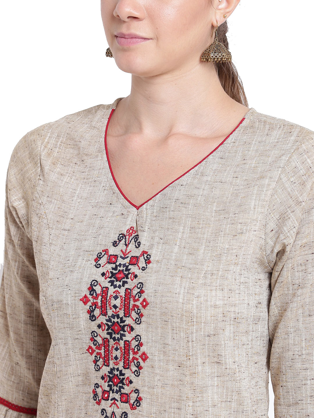 Be Indi Women Brown & Red Embroidered Straight Kurta