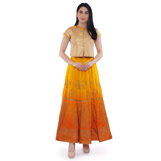 Be Indi Orange & Gold-Toned Printed Ready to Wear Lehenga