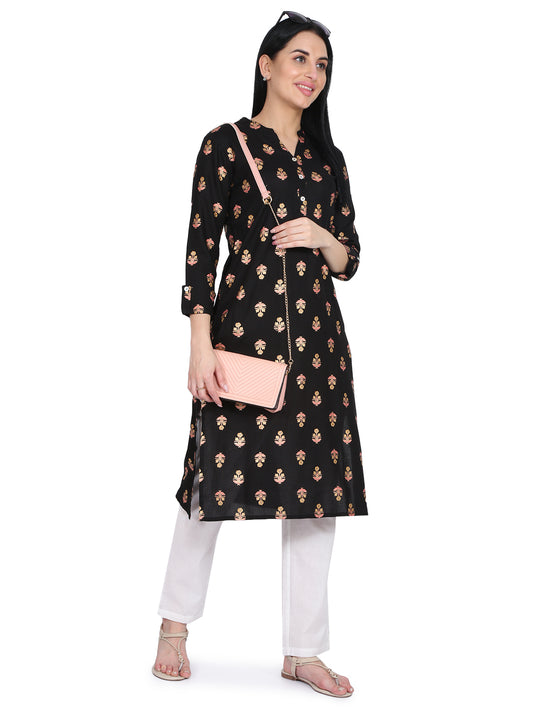 Be Indi Women Black Foil Printed Straight Kurta